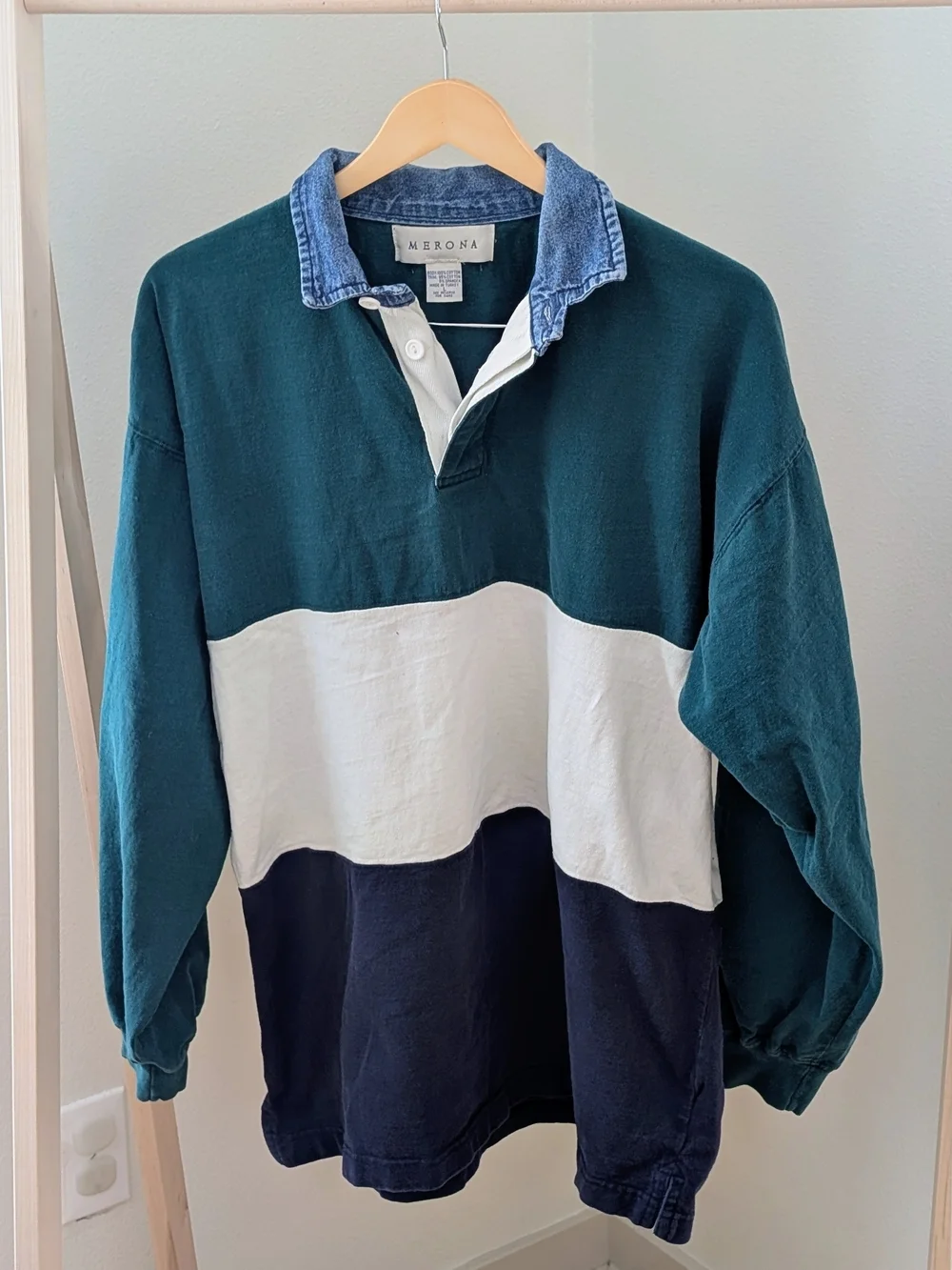 Vintage 90's Colorblock Denim Collared Long-Sleeve Polo Shirt in Green/Blue - Picture 2 of 5